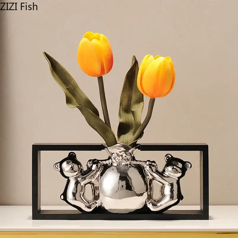 Modern metallic oval ceramic vase with artificial flowers – desk decor