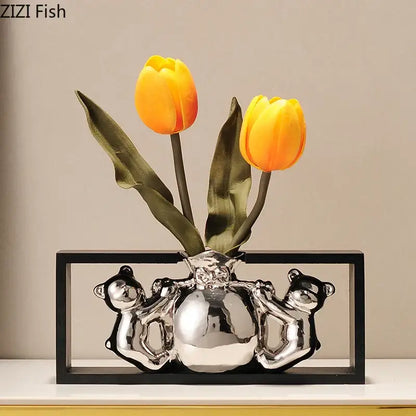Modern metallic oval ceramic vase with artificial flowers – desk decor