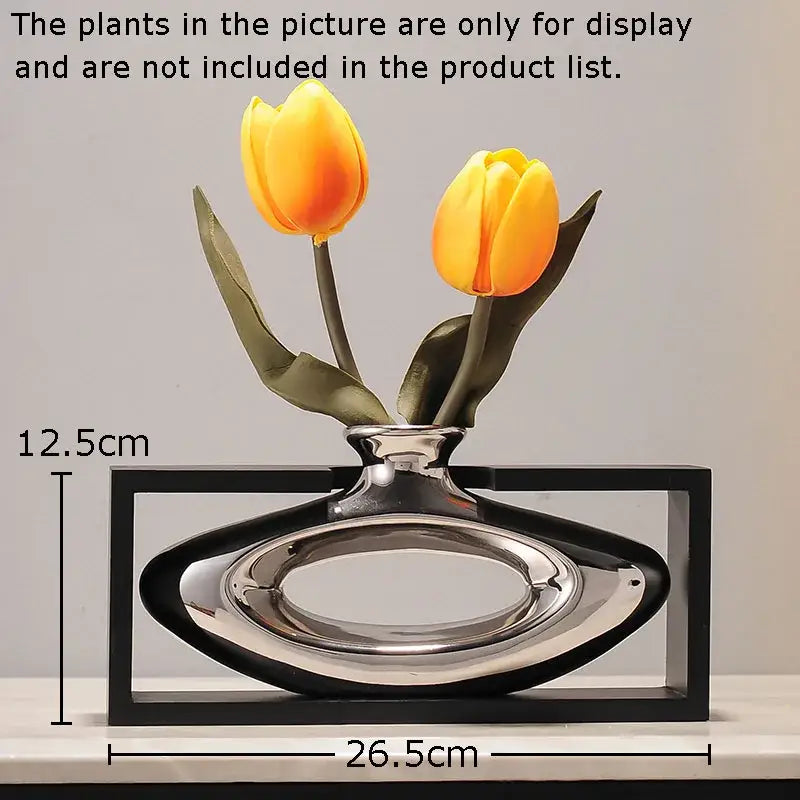 Modern metallic oval ceramic vase with artificial flowers – desk decor