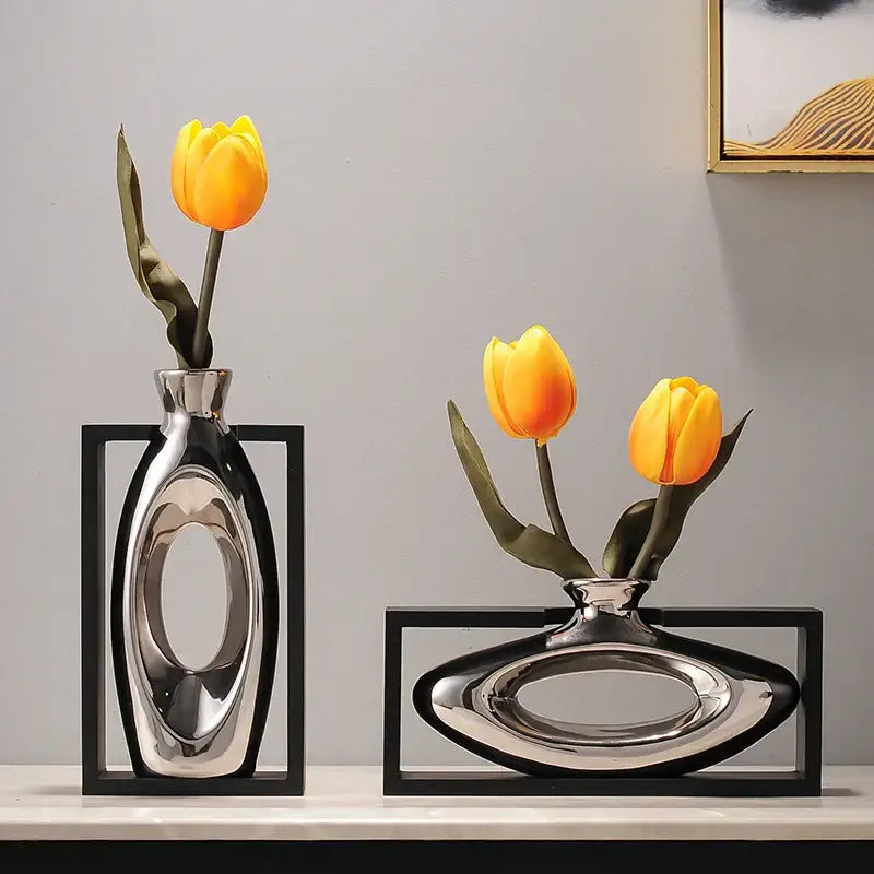 Modern metallic oval ceramic vase with artificial flowers – desk decor
