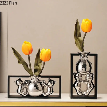 Modern metallic oval ceramic vase with artificial flowers – desk decor