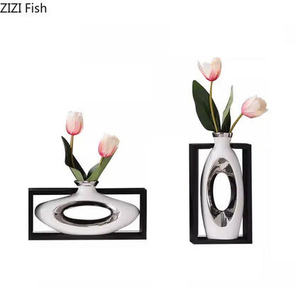 Modern metallic oval ceramic vase with artificial flowers – desk decor