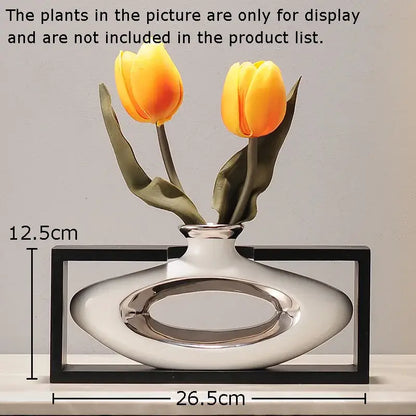 Modern metallic oval ceramic vase with artificial flowers – desk decor