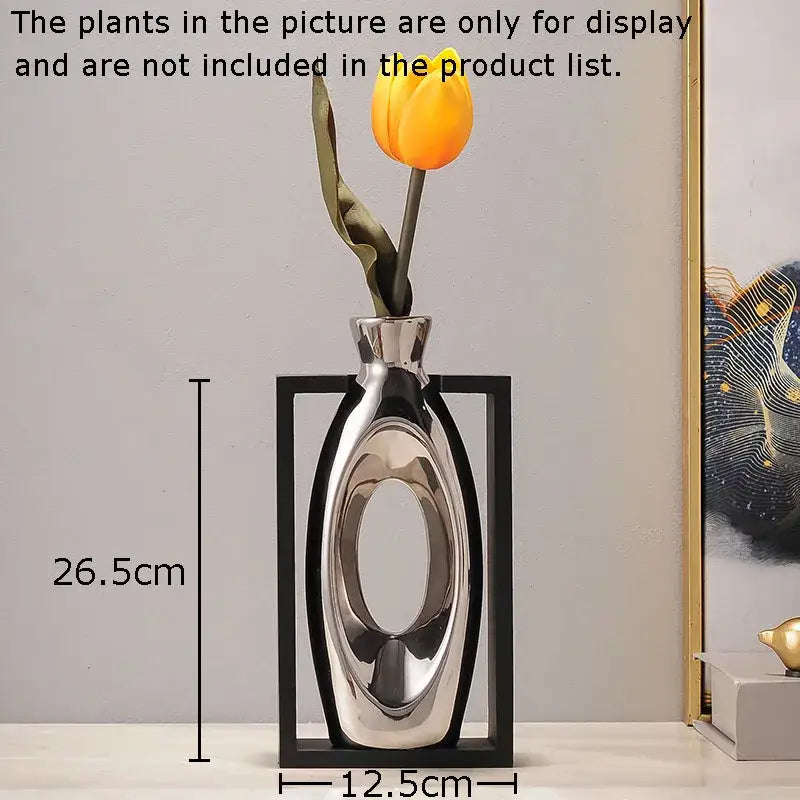 Modern metallic oval ceramic vase with artificial flowers – desk decor