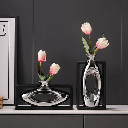 Modern metallic oval ceramic vase with artificial flowers – desk decor