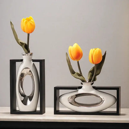 Modern metallic oval ceramic vase with artificial flowers – desk decor