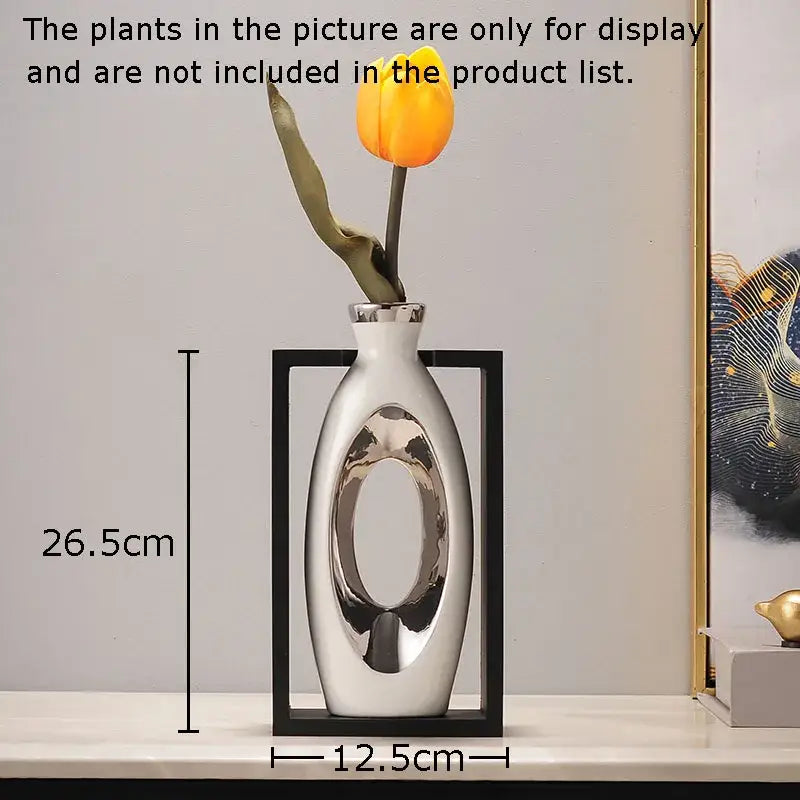 Modern metallic oval ceramic vase with artificial flowers – desk decor