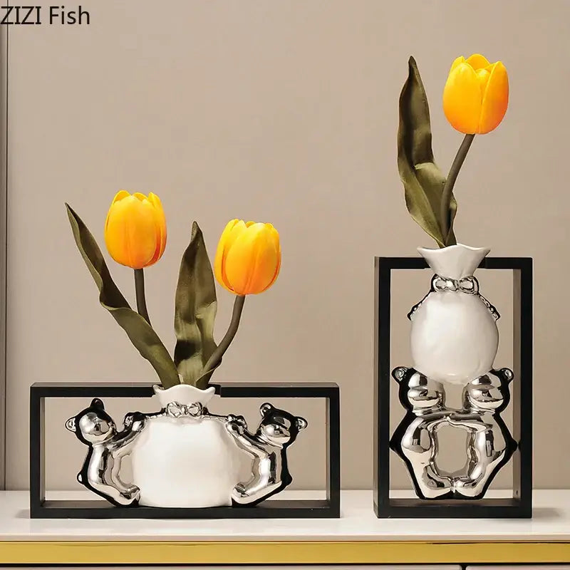 Modern metallic oval ceramic vase with artificial flowers – desk decor