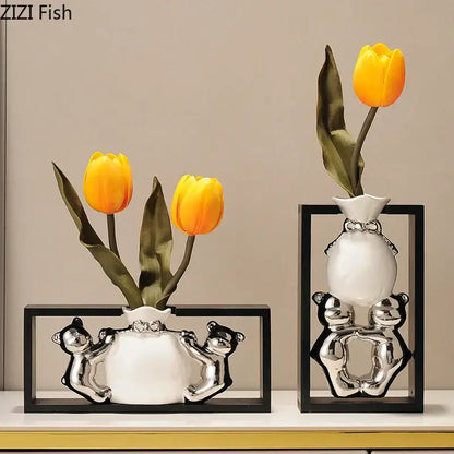 Modern metallic oval ceramic vase with artificial flowers – desk decor