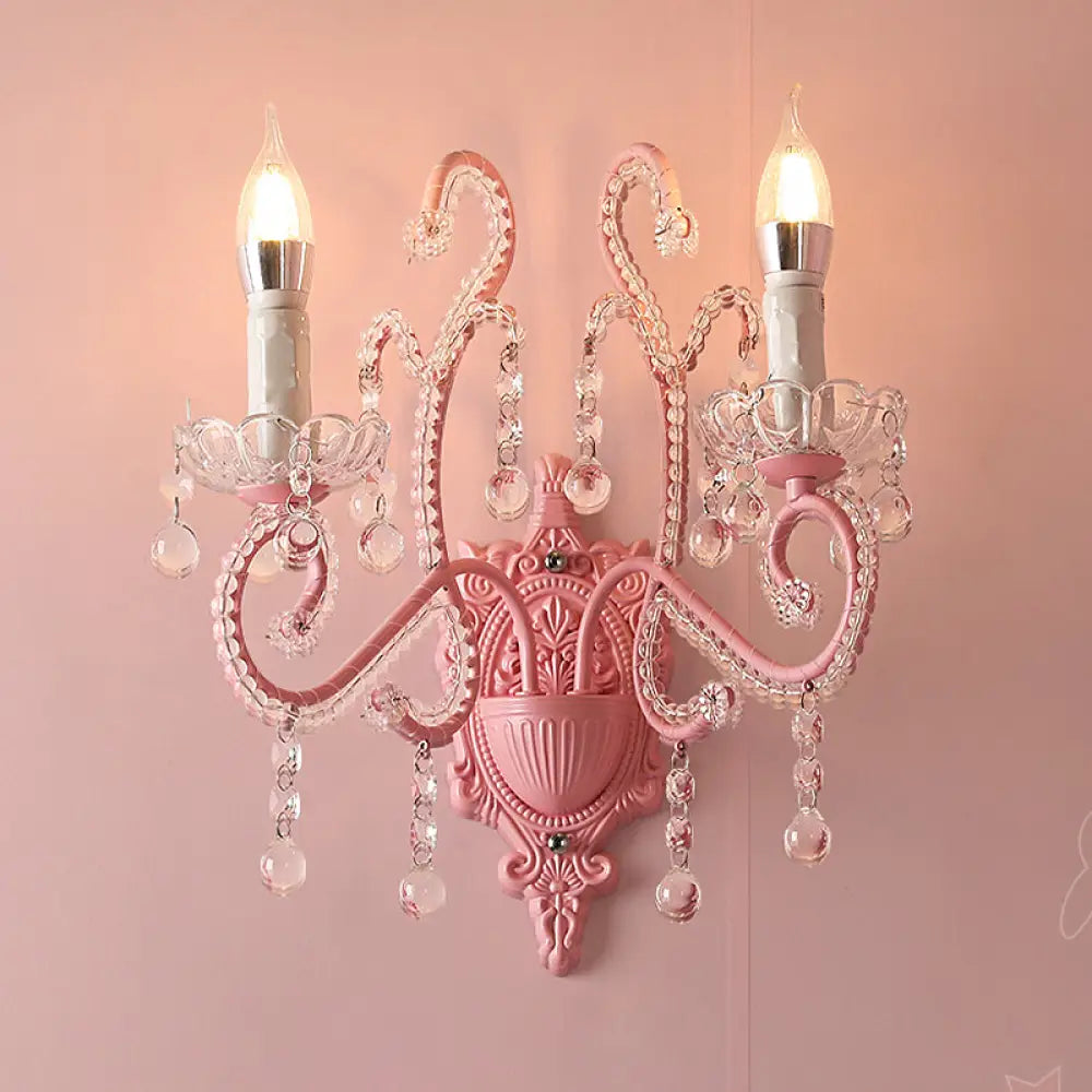 DecorBites™ Modern Metallic Scroll Arm Wall Lamp with Crystal Orb Deco, Pink