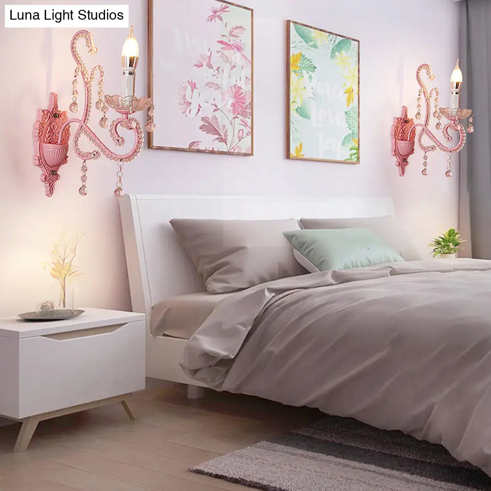 DecorBites™ Modern Metallic Scroll Arm Wall Lamp with Crystal Orb Deco, Pink