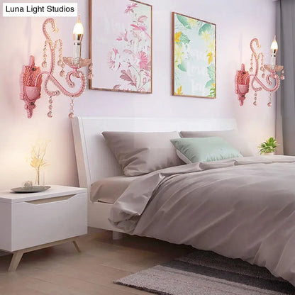 DecorBites™ Modern Metallic Scroll Arm Wall Lamp with Crystal Orb Deco, Pink