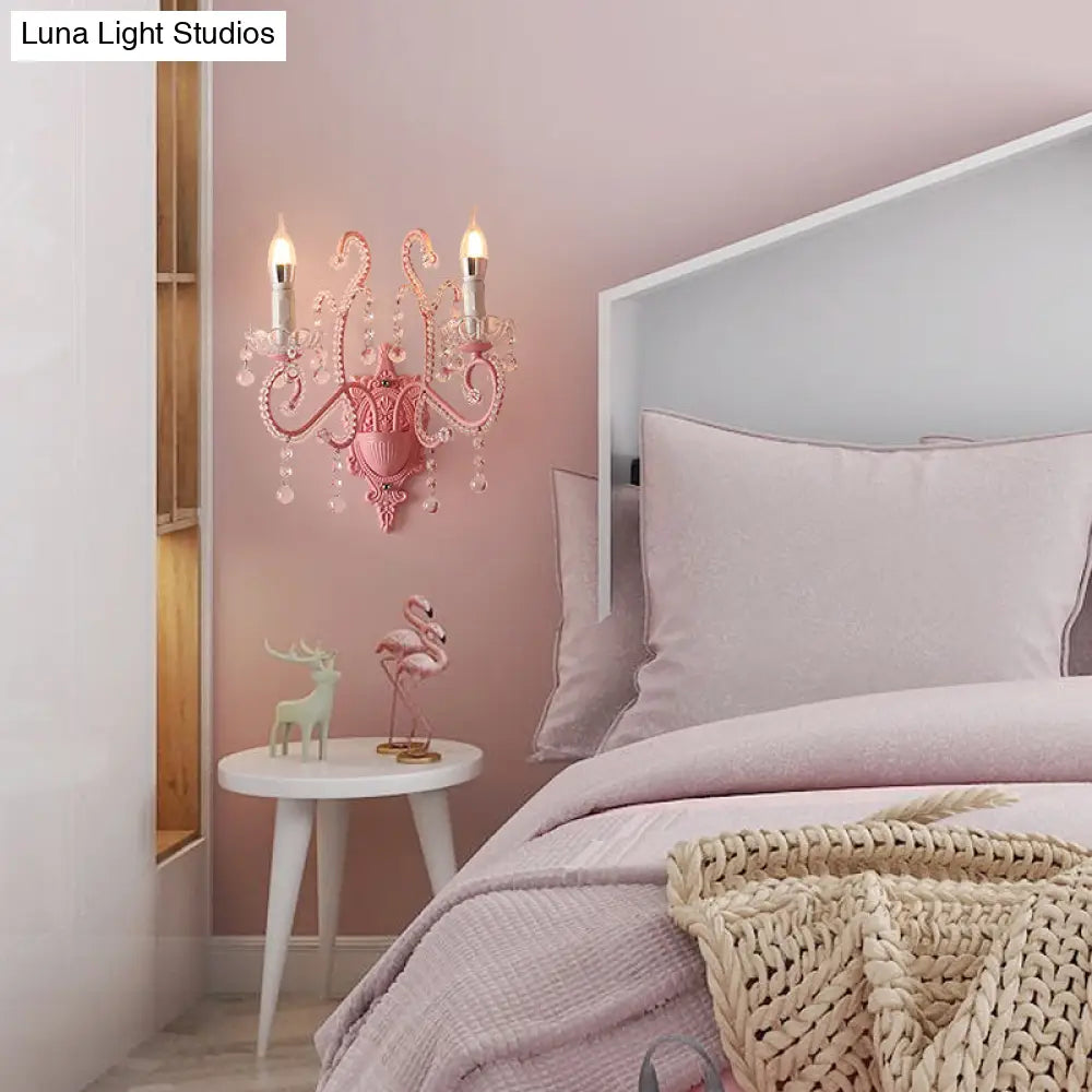 DecorBites™ Modern Metallic Scroll Arm Wall Lamp with Crystal Orb Deco, Pink
