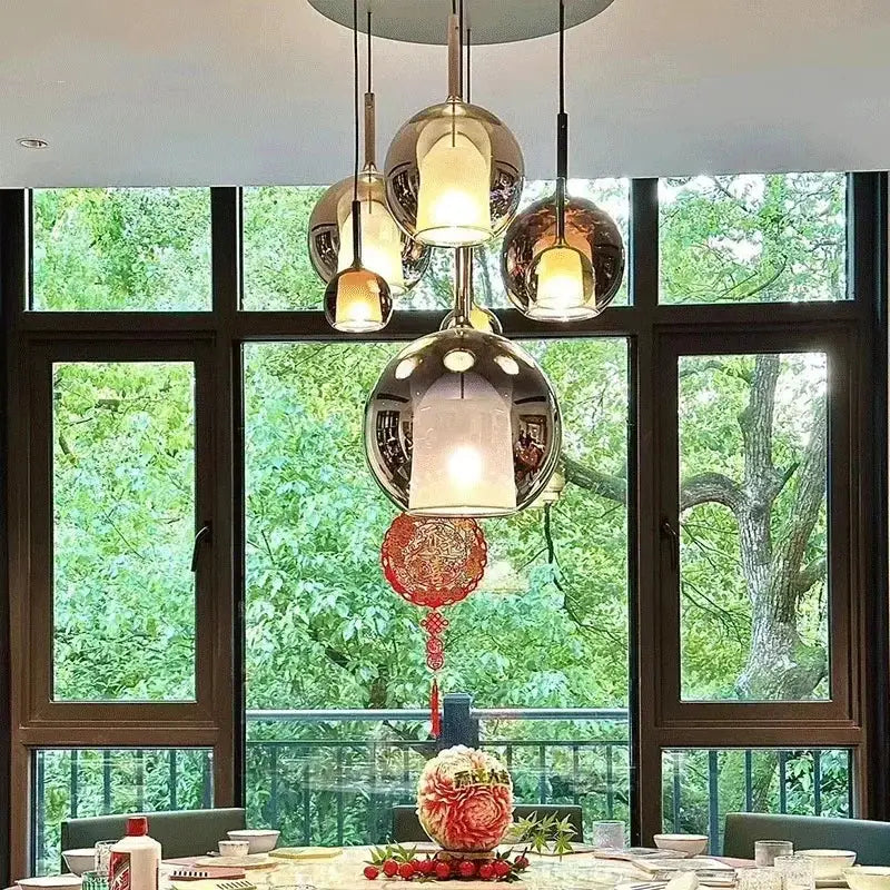 Modern metallic spherical designer glass chandelier dining room light