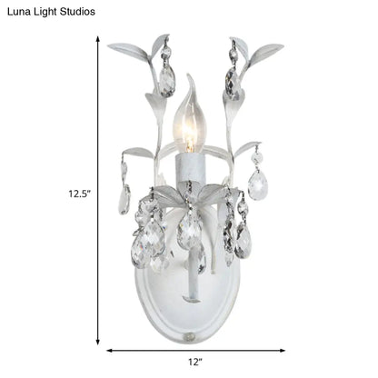 DecorBites™ Modern Metallic Wall Light Fixture: Bare Bulb 1/2-Light Sconce with Crystal and Leaf Decoration – White