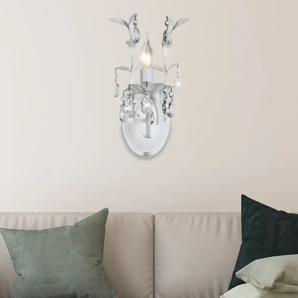 DecorBites™ Modern Metallic Wall Light Fixture: Bare Bulb 1/2-Light Sconce with Crystal and Leaf Decoration – White
