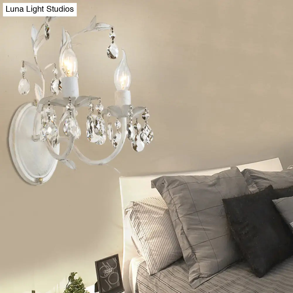 DecorBites™ Modern Metallic Wall Light Fixture: Bare Bulb 1/2-Light Sconce with Crystal and Leaf Decoration – White