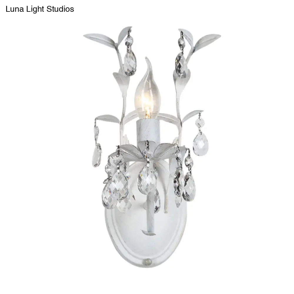 DecorBites™ Modern Metallic Wall Light Fixture: Bare Bulb 1/2-Light Sconce with Crystal and Leaf Decoration – White