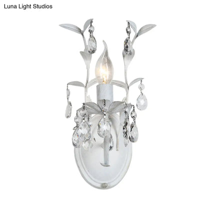 DecorBites™ Modern Metallic Wall Light Fixture: Bare Bulb 1/2-Light Sconce with Crystal and Leaf Decoration – White