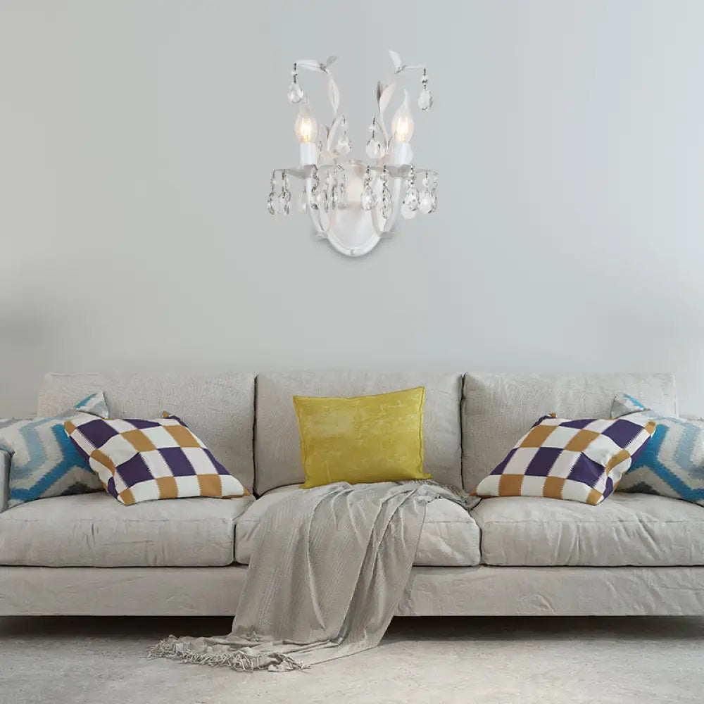DecorBites™ Modern Metallic Wall Light Fixture: Bare Bulb 1/2-Light Sconce with Crystal and Leaf Decoration – White