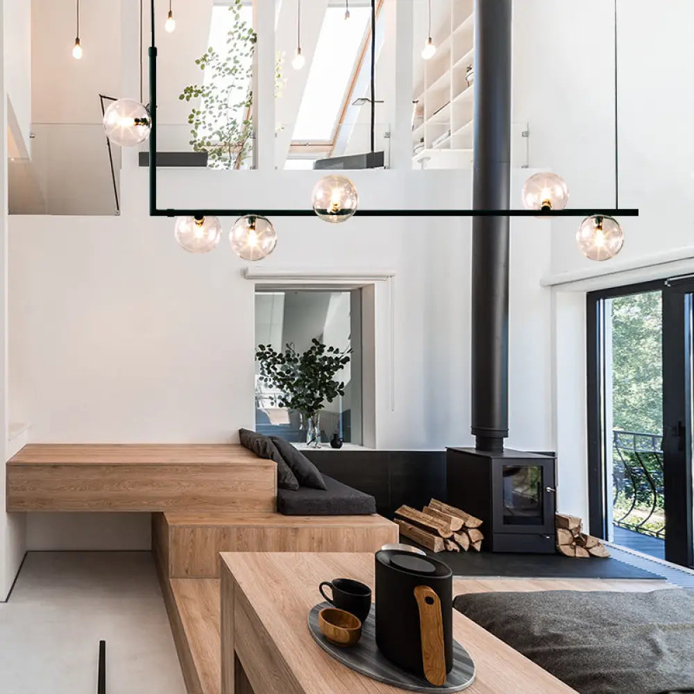 DecorBites™ Modern Minimalism Black Linear 6-Light Island Pendant Lighting with Sphere Glass Shade for Living Room.