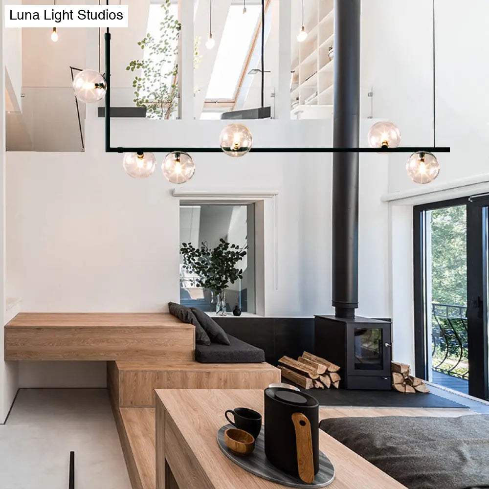 DecorBites™ Modern Minimalism Black Linear 6-Light Island Pendant Lighting with Sphere Glass Shade for Living Room.