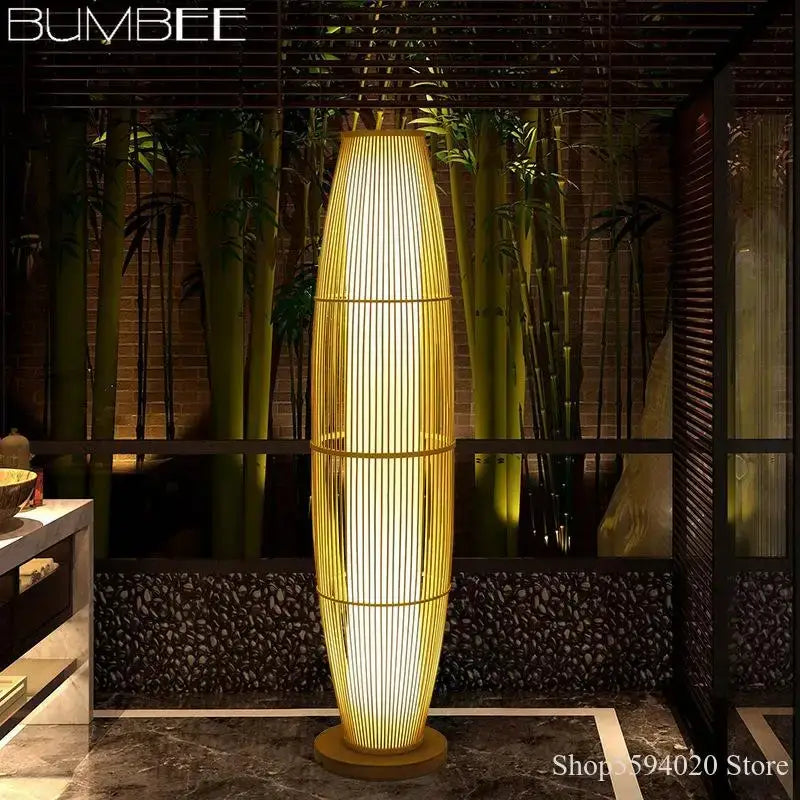 Modern minimalist bamboo floor lamp for living room warm diffused light