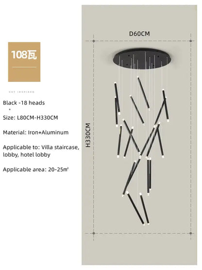 Modern minimalist black round tube led chandelier staircase light