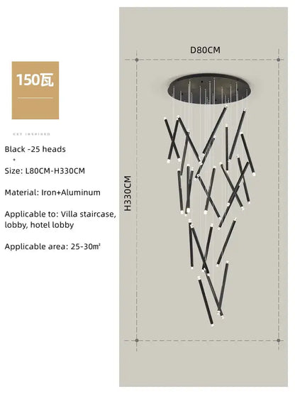 Modern minimalist black round tube led chandelier staircase light