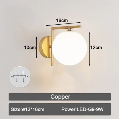 Modern minimalist black & white frosted glass ball led wall lamp bedroom