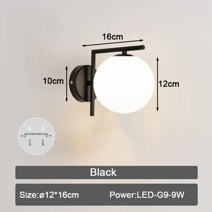 Modern minimalist black & white frosted glass ball led wall lamp bedroom