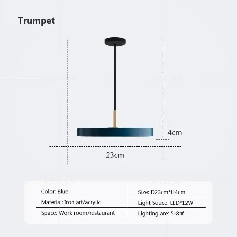 Modern minimalist blue and gold led study disc pendant light bedroom