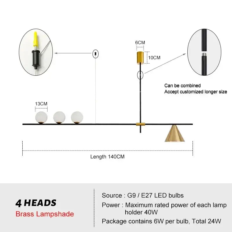 Modern minimalist brass and glass chandelier pendant light dining room