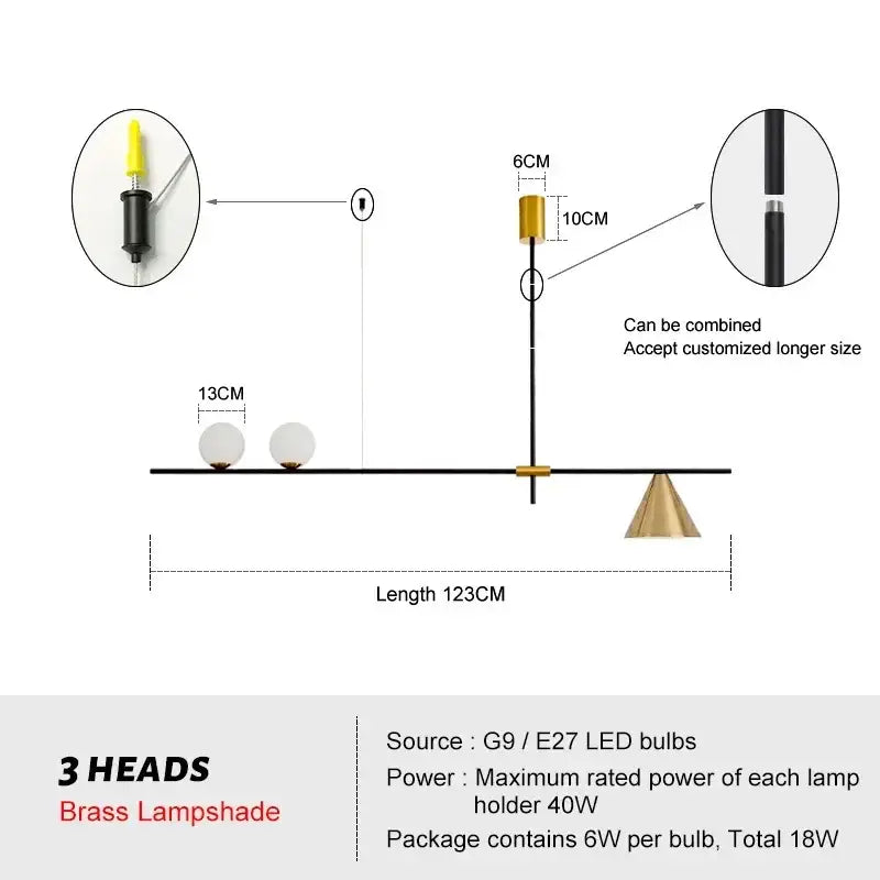 Modern minimalist brass and glass chandelier pendant light dining room