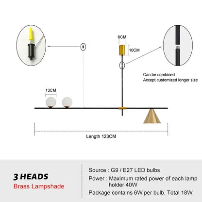 Modern minimalist brass and glass chandelier pendant light dining room