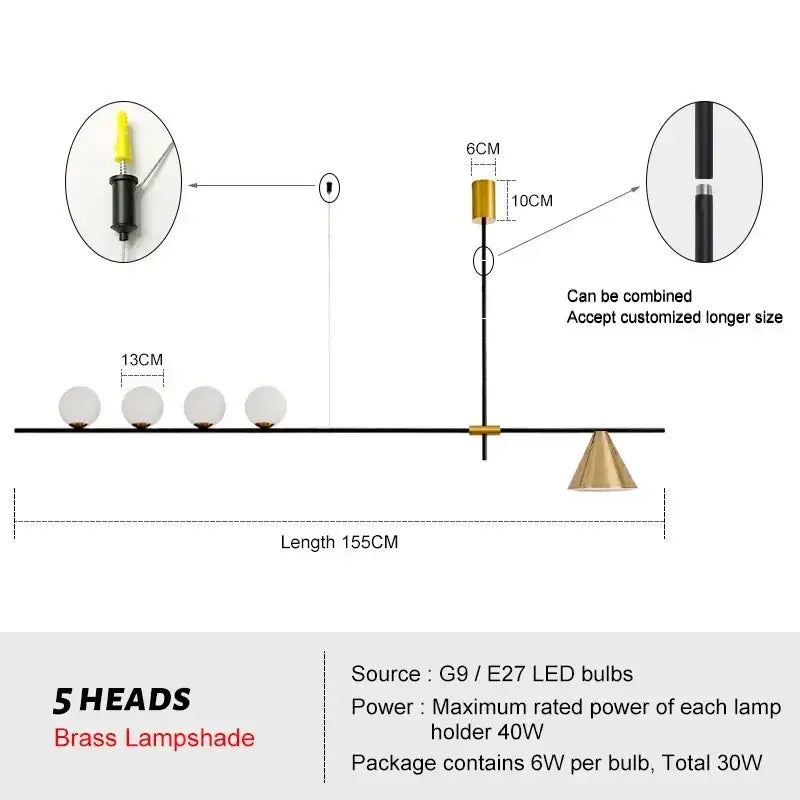 Modern minimalist brass and glass chandelier pendant light dining room
