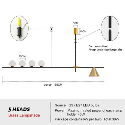 Modern minimalist brass and glass chandelier pendant light dining room