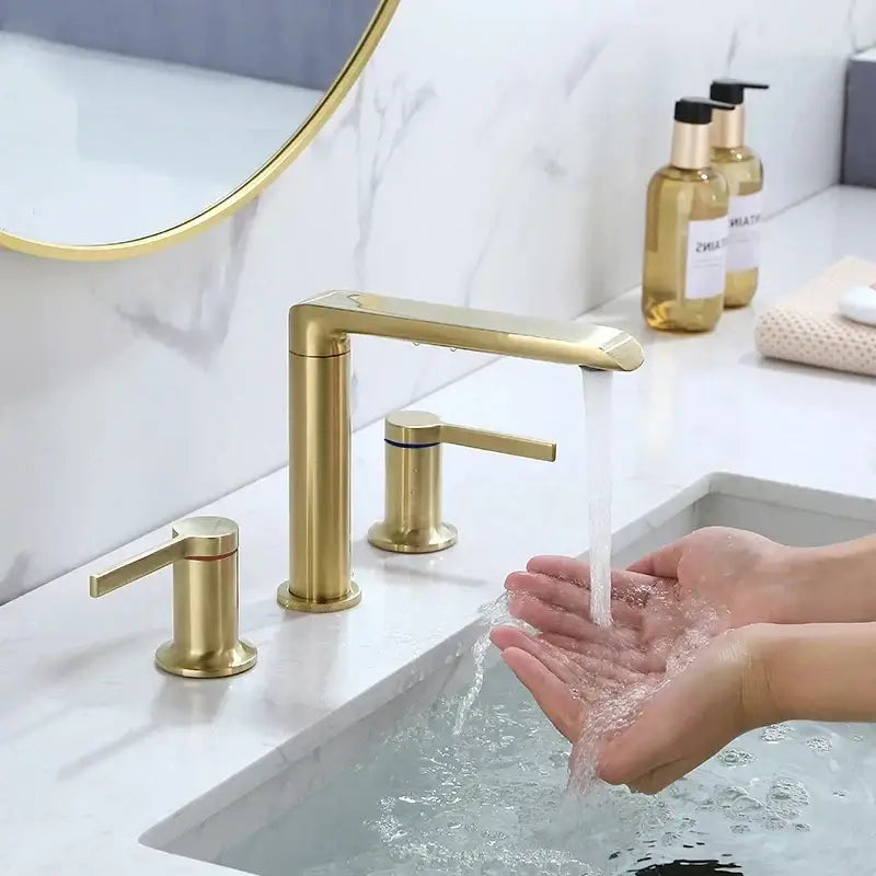 Modern minimalist brushed gold brass widespread bathroom faucet