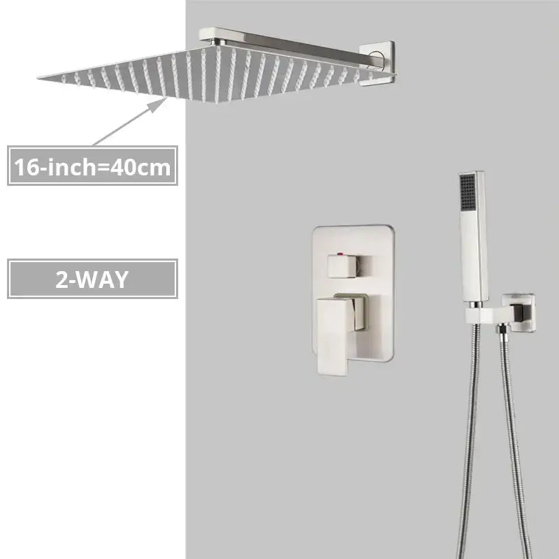 Modern minimalist brushed nickel shower system with rain shower head bathroom