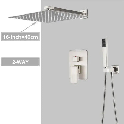 Modern minimalist brushed nickel shower system with rain shower head bathroom