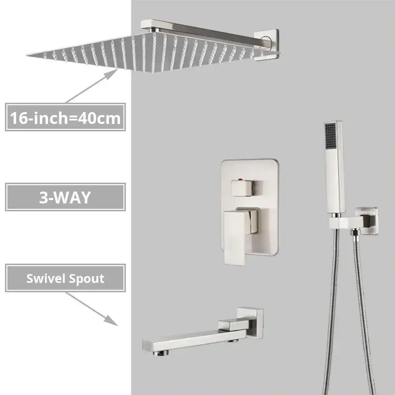 Modern minimalist brushed nickel shower system with rain shower head bathroom
