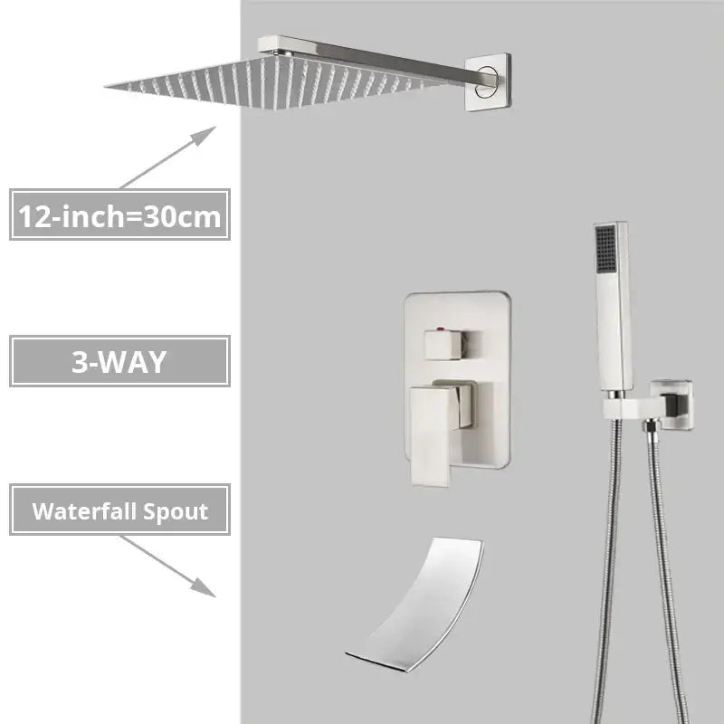 Modern minimalist brushed nickel shower system with rain shower head bathroom