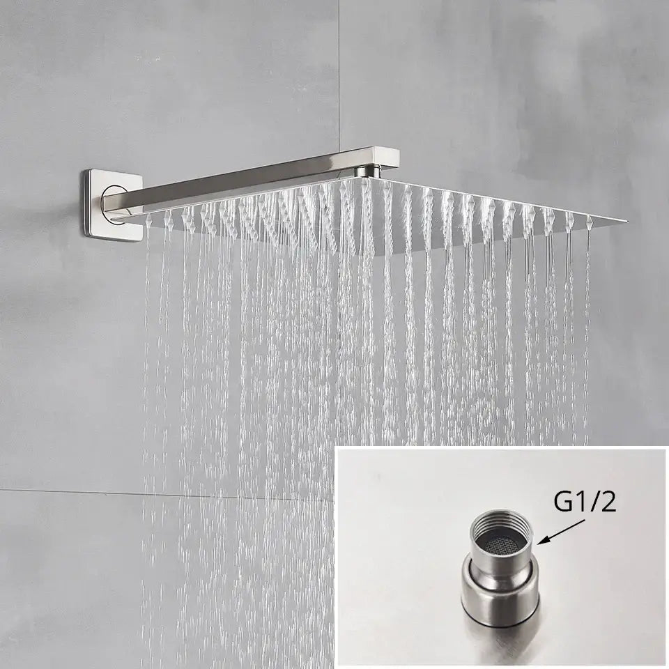 Modern minimalist brushed nickel shower system with rain shower head bathroom