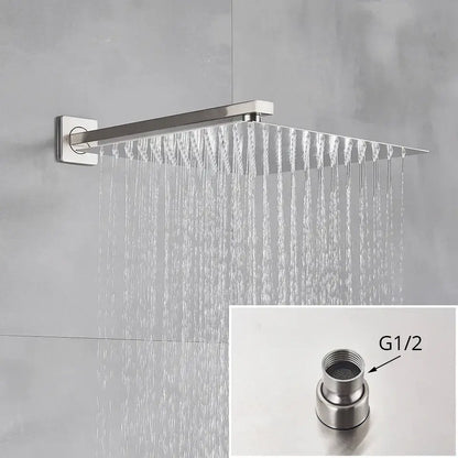 Modern minimalist brushed nickel shower system with rain shower head bathroom