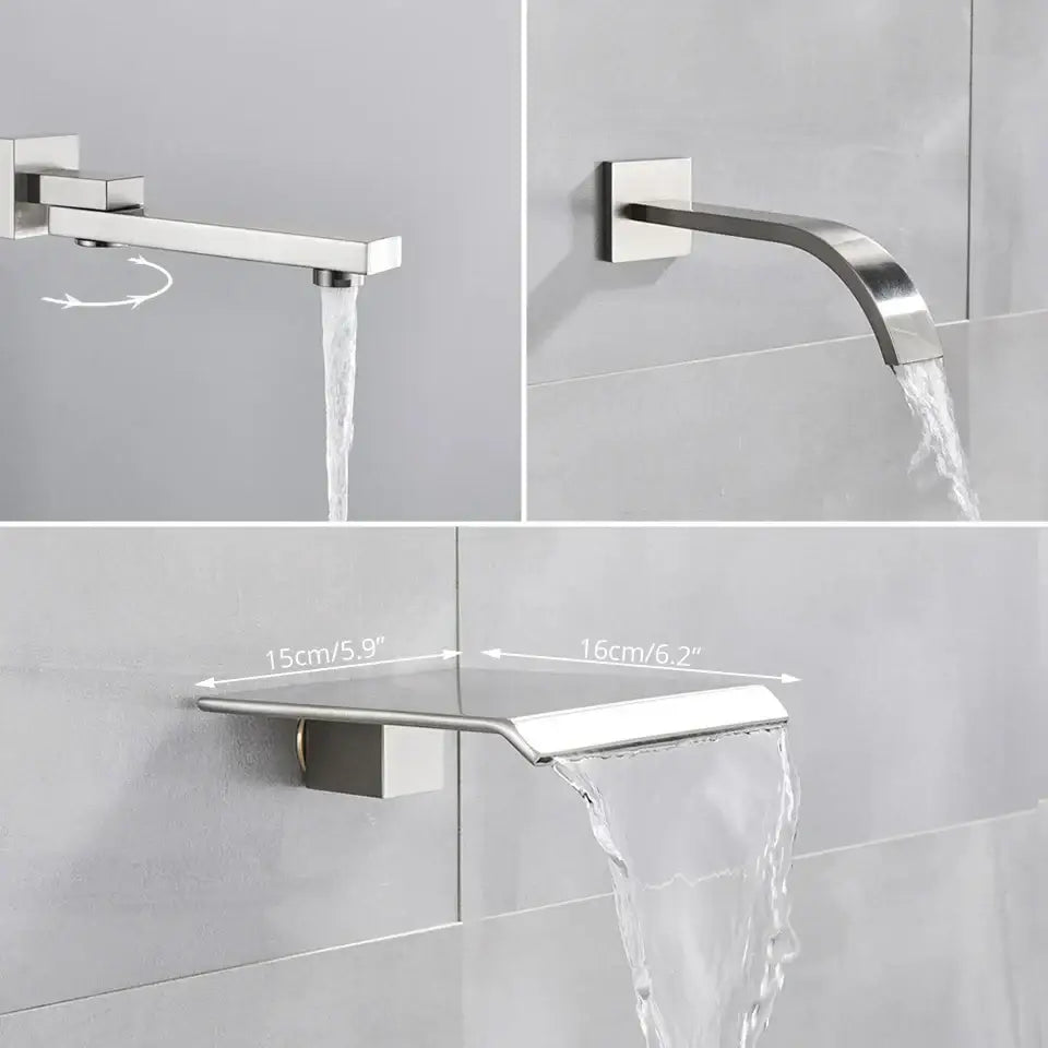 Modern minimalist brushed nickel shower system with rain shower head bathroom