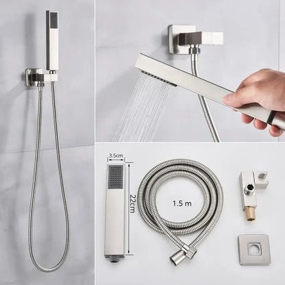Modern minimalist brushed nickel shower system with rain shower head bathroom