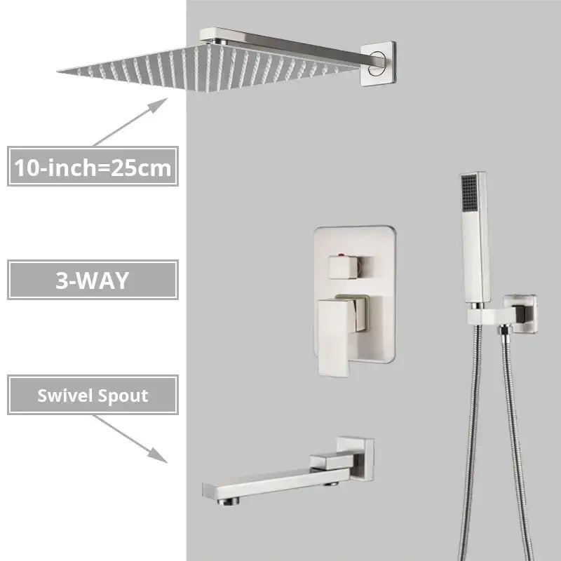 Modern minimalist brushed nickel shower system with rain shower head bathroom