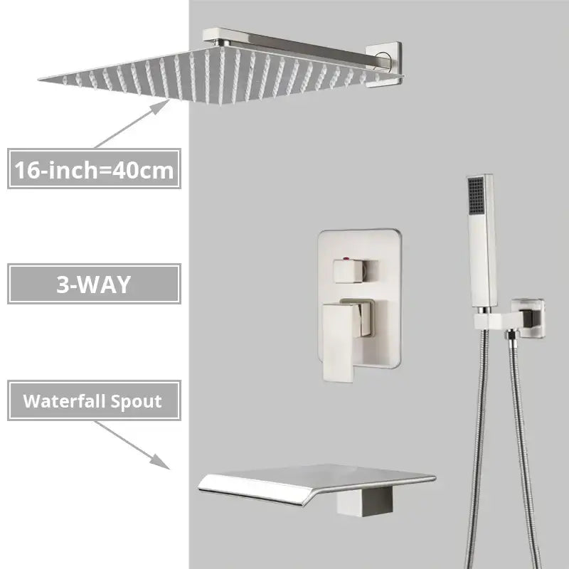 Modern minimalist brushed nickel shower system with rain shower head bathroom