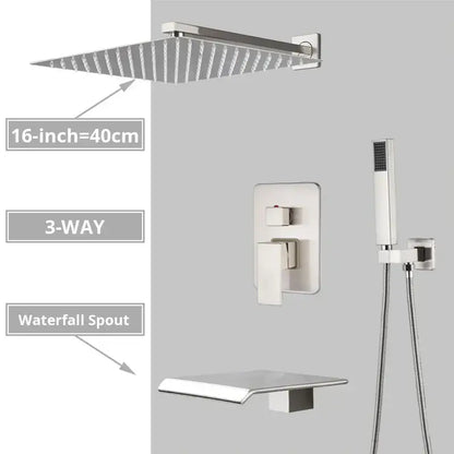 Modern minimalist brushed nickel shower system with rain shower head bathroom