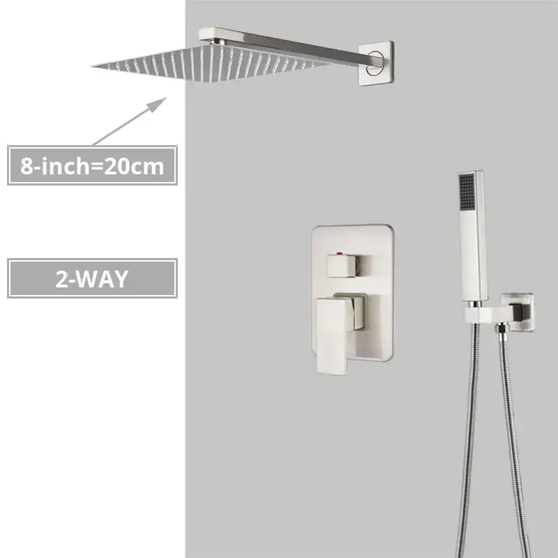 Modern minimalist brushed nickel shower system with rain shower head bathroom